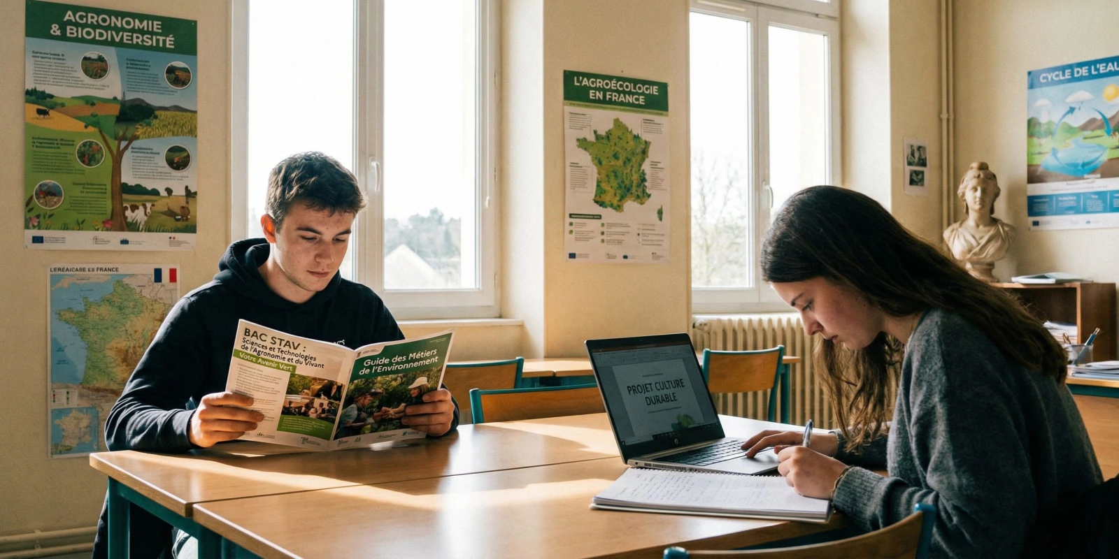 Bac STAV ou Bac Général : Différences, Avantages et Comment Choisir Lycéens en pleine réflexion d'orientation entre bac général et bac technologique STAV