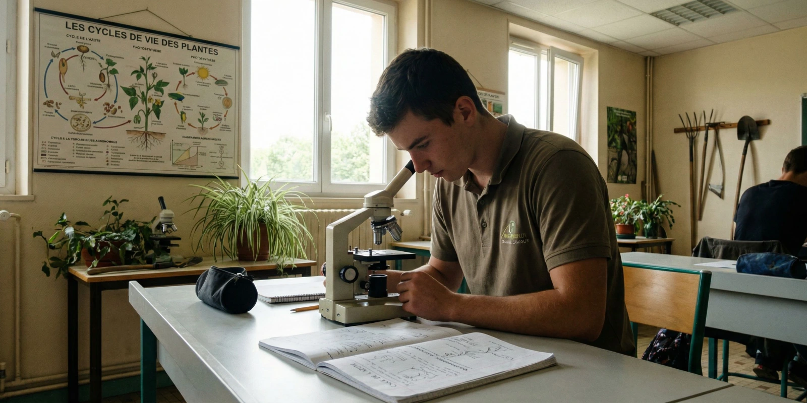 Programme du Bac STAV : Matières, Horaires et Contenus de Première et Terminale Lycéens en cours de biologie-écologie dans un lycée agricole préparant le Bac STAV