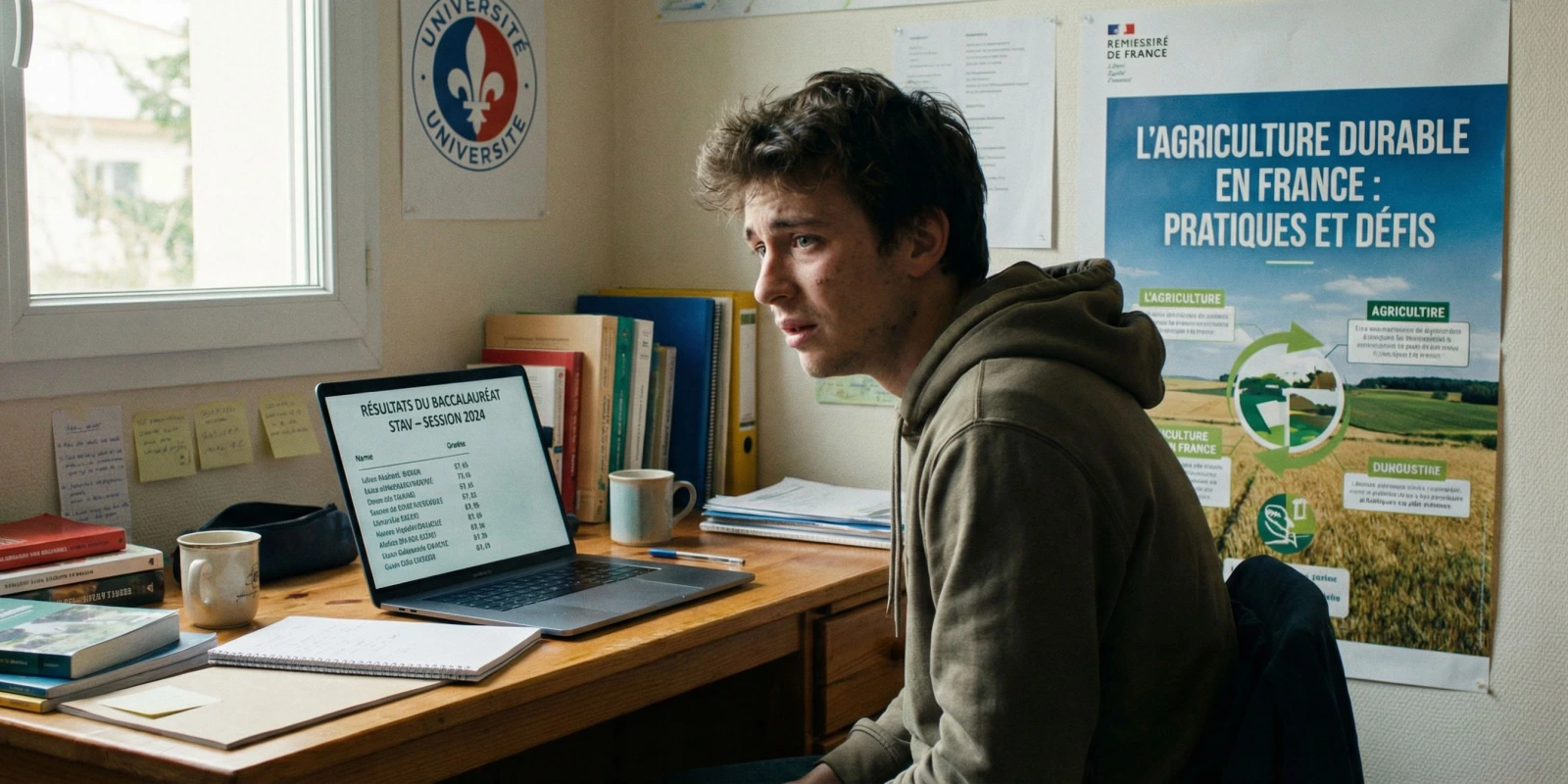 Résultats Bac STAV : Date, Heure et Comment Les Consulter en Ligne Étudiant consultant ses résultats du Bac STAV en ligne sur son ordinateur avec soulagement