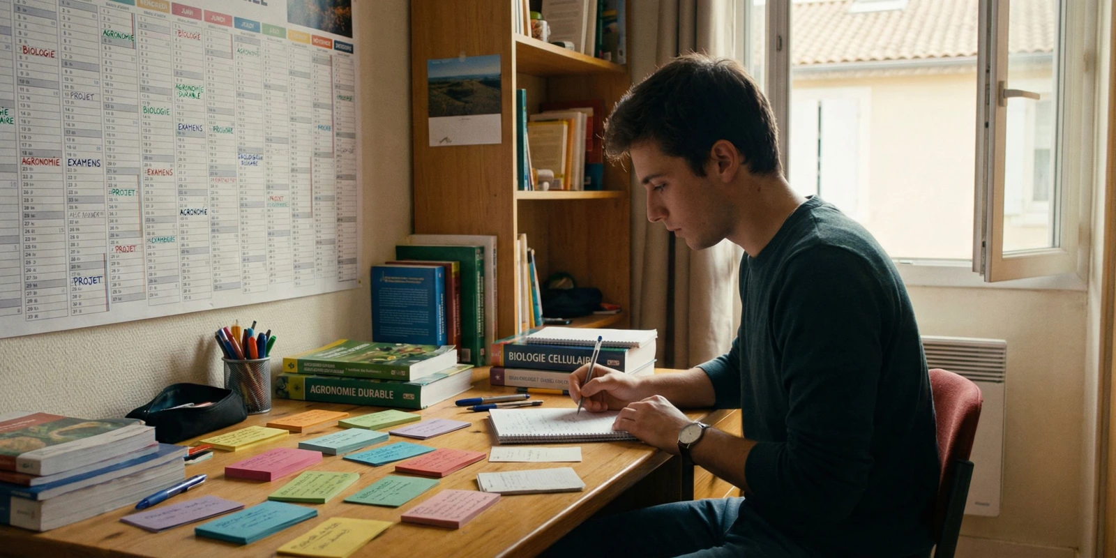 Révisions Bac STAV : Planning, Fiches et Méthodes pour Réussir Étudiant en Bac STAV révisant ses cours avec fiches et planning de révisions organisé